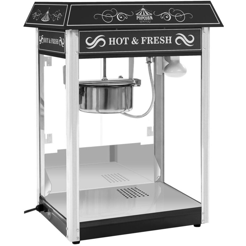 foto del prodotto macchina per popcorn nera in ferro rivestito con carretto e accessori 5 kg h