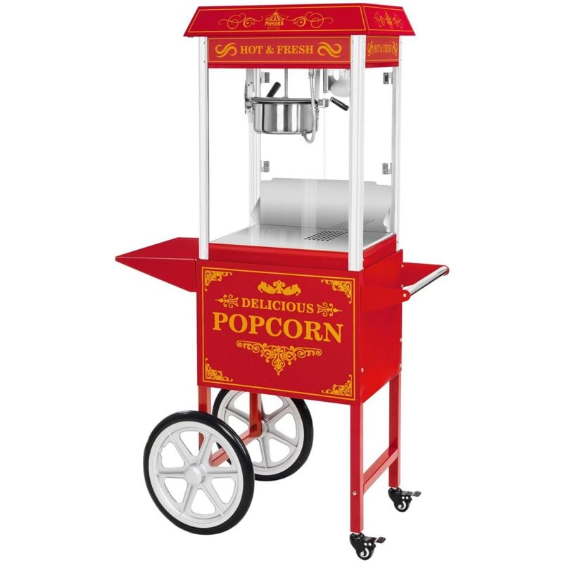 foto del prodotto macchina per popcorn rossa in ferro e vetro temperato con carretto e accessori