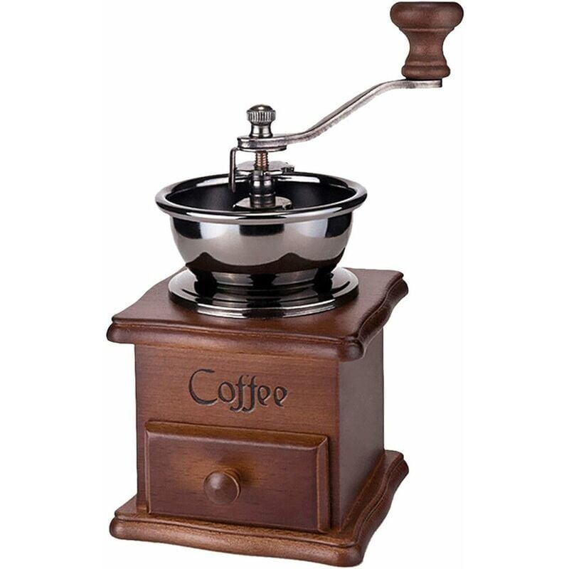 foto del prodotto macinacaff manuale in legno marrone retr con manovella portatile, macinacaff dal design antico, macinacaff espresso per chicchi di caff , chicchi