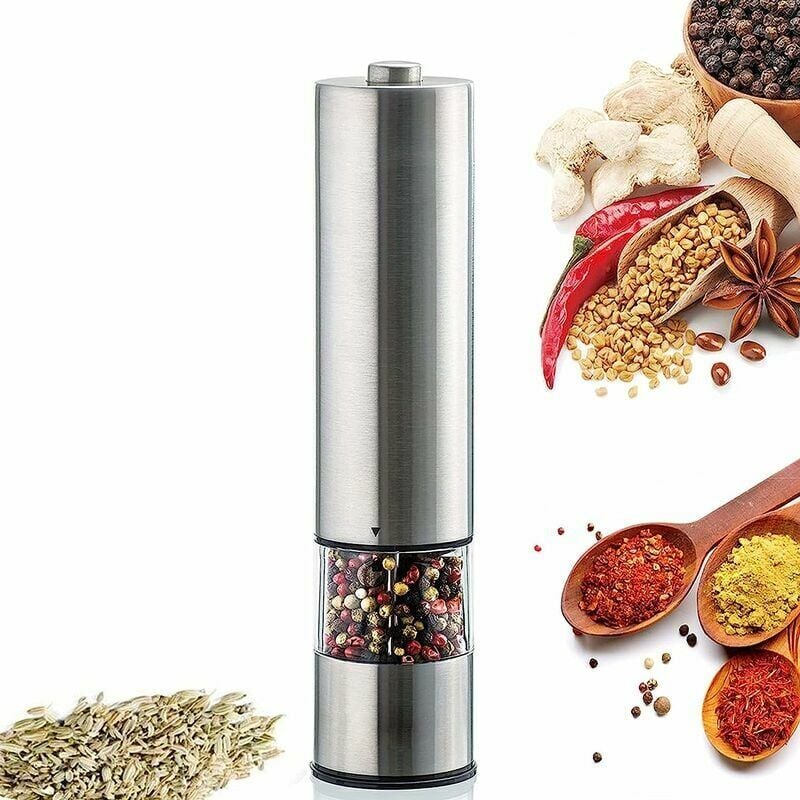 foto del prodotto macinapepe elettrico con luce led, saliera e macinapepe, grana regolabile, finitura in acciaio inox, macinapepe elettrico per erbe aromatiche,