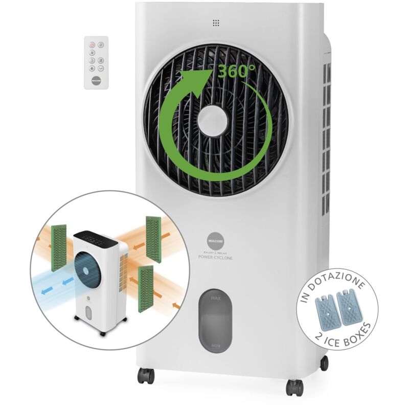 foto del prodotto macom enjoy relax 987 power cyclone. tipo raffrescatore evaporativo, colore del prodotto bianco, numero di ruote 4 ruota(e). capacità tanica