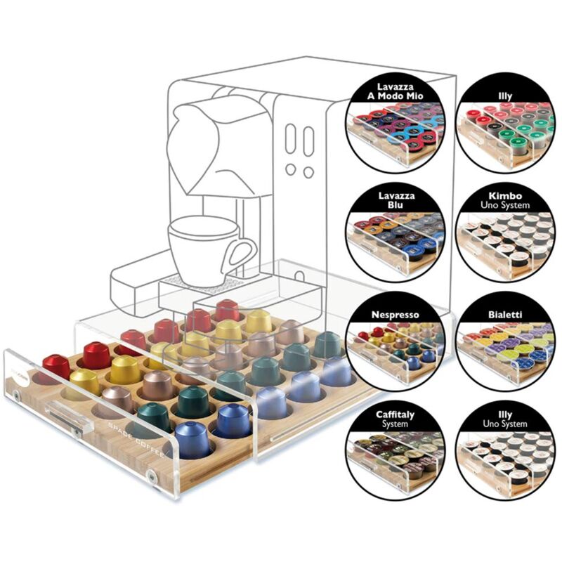 foto del prodotto macom just kitchen 835 space coffee dispenser portacapsule universale per macchine caff , 30 capsule, cassetto in legno