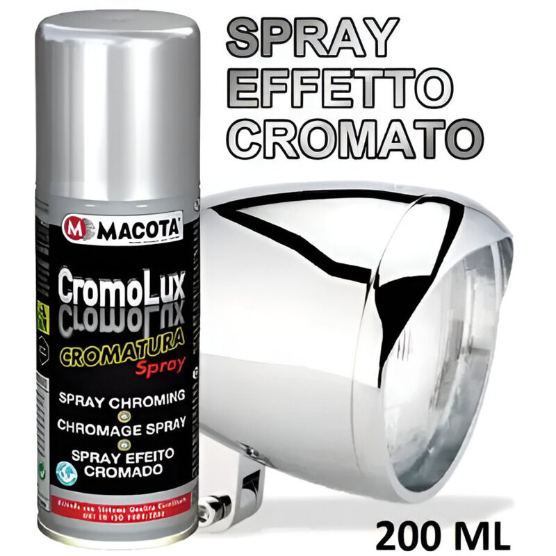foto del prodotto macota cromolux vernice cromata spray 400ml cromatura resistente al calore cromo packaging 200ml