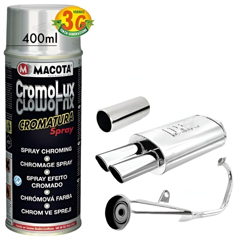 foto del prodotto macota cromolux vernice cromata spray 400ml cromatura resistente al calore cromo packaging 400ml