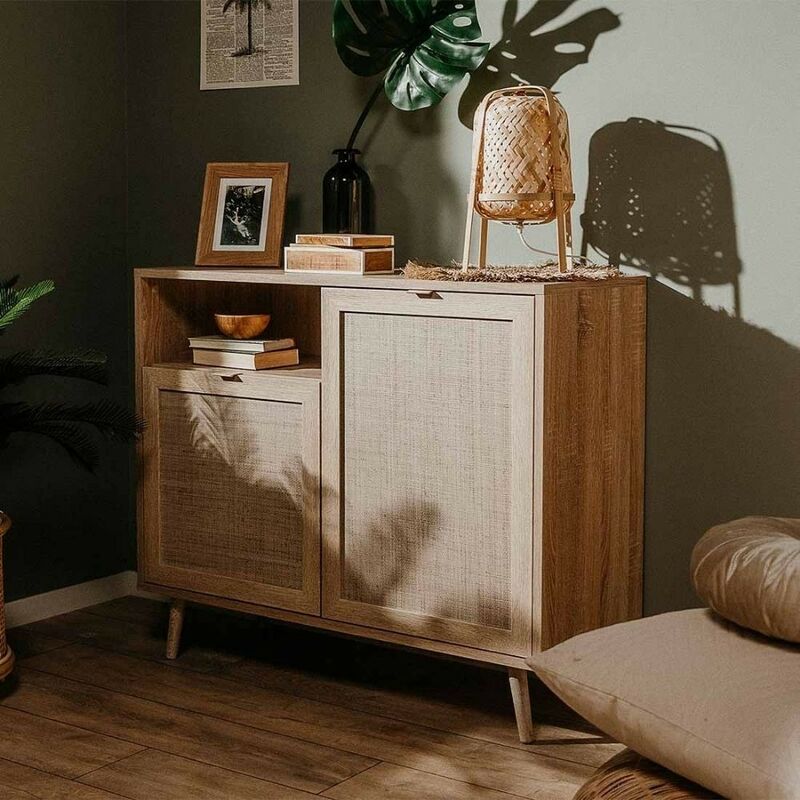 foto del prodotto madia 101,5cm in legno con 2 ante e vano a giorno effetto vimini bali 01a