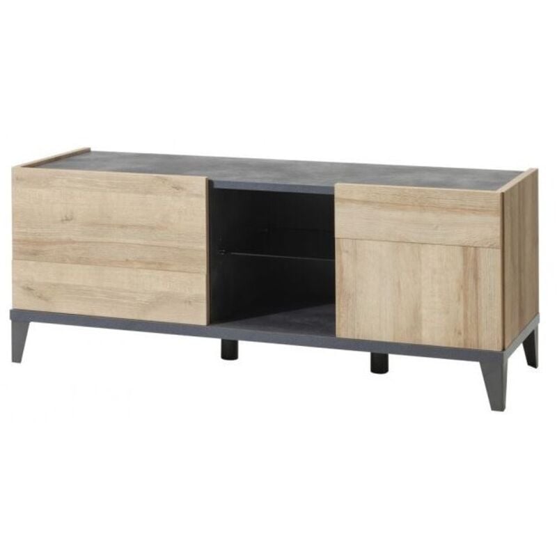 foto del prodotto madia 140 cm rovere e grigio con un anta a ribalta e un vano a giorno con ripiano in vetro viareggio