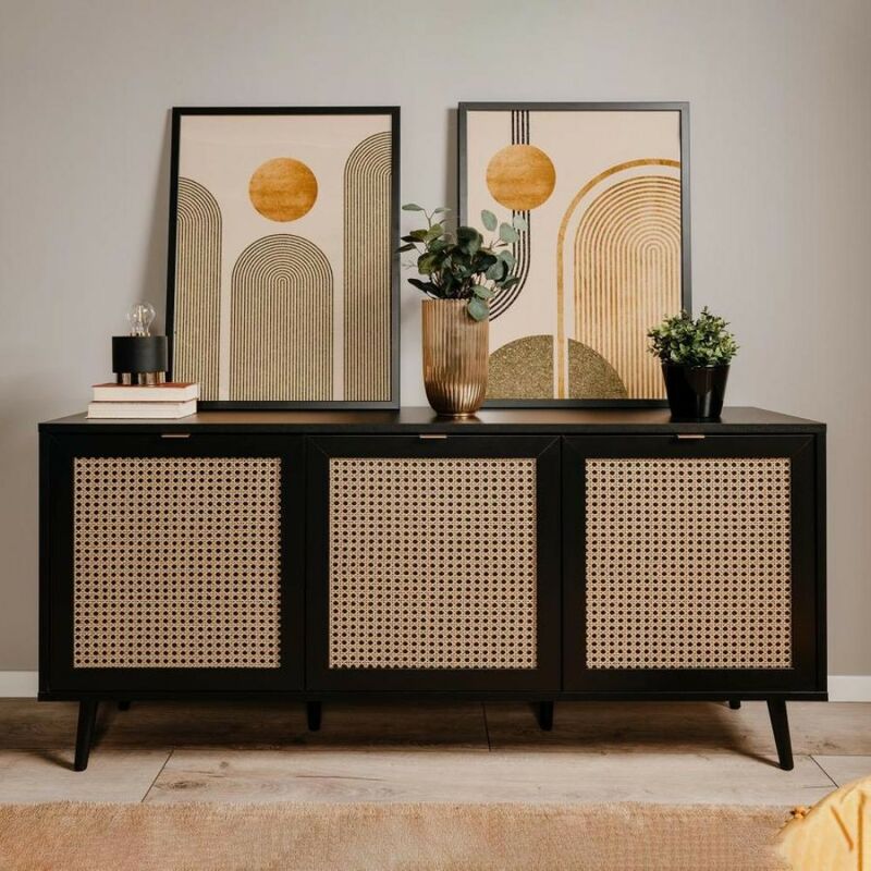 foto del prodotto madia 150 cm con 3 ante colore nera con frontali effetto vimini vienna51a
