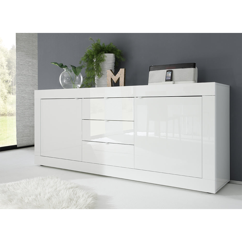 foto del prodotto madia 2 ante 3 cassetti bianco laccato linea basic l 210 x h 86 x p 43, realizzato in legno 100 made in italy, design moderno per cucina, sala da pranzo, soggiorno