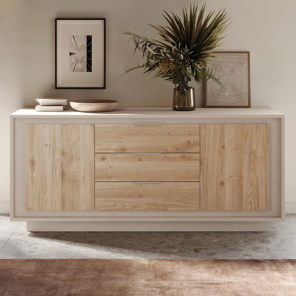 foto del prodotto madia 2 ante e 3 cassetti linea sky l 180 cm x h 80 cm x p 50 cm, realizzata in legno 100 made in italy, design moderno per cucina, sala da pranzo, soggiorno colore cashmere cadiz