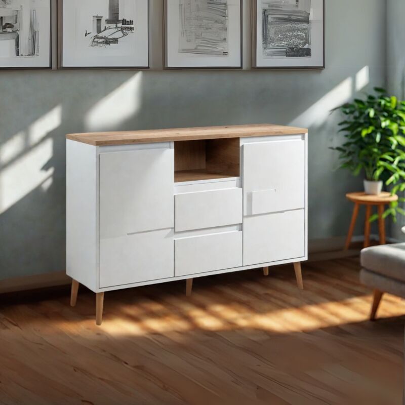foto del prodotto madia con 2 ante e 2 cassetti bianca con top colore rovere 120x85h cm lixxy