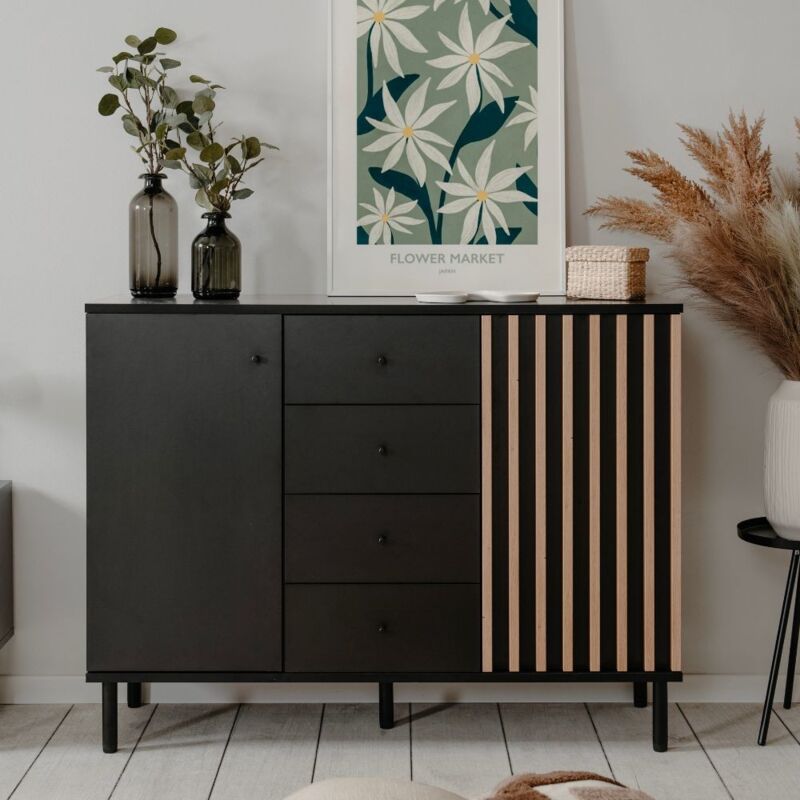 immagine 0 del prodotto madia con 2 ante e 4 cassetti colore nero con listelli rovere 118x90h cm bresso