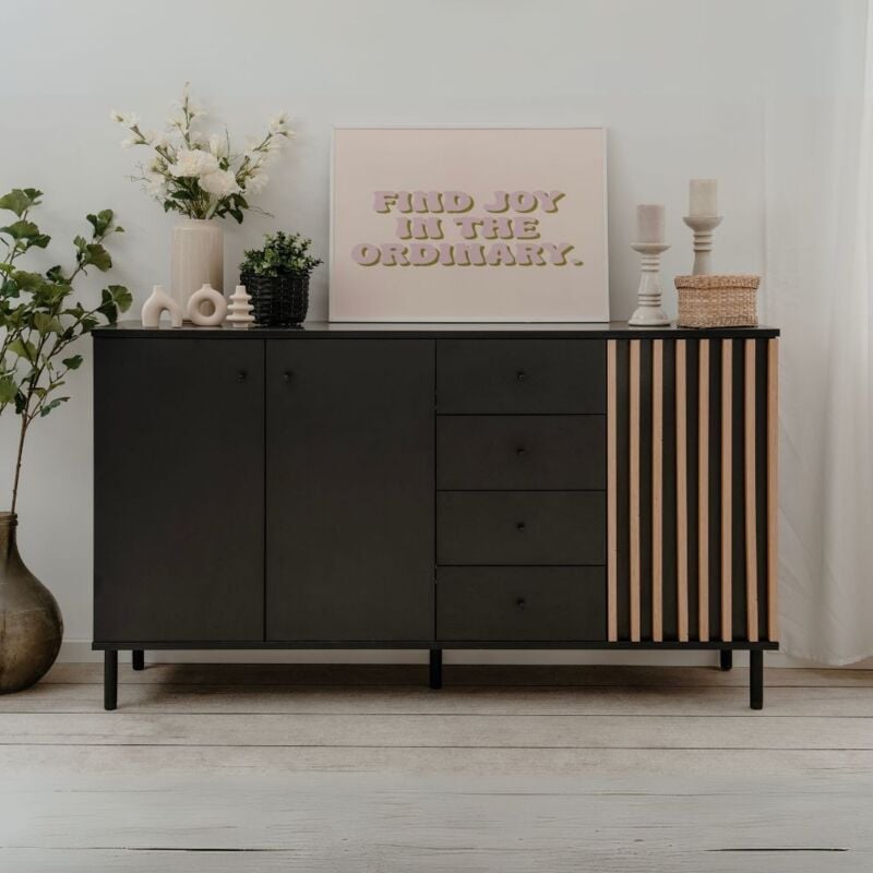 foto del prodotto madia con 3 ante e 4 cassetti colore nero con listelli rovere 160x90h cm bresso
