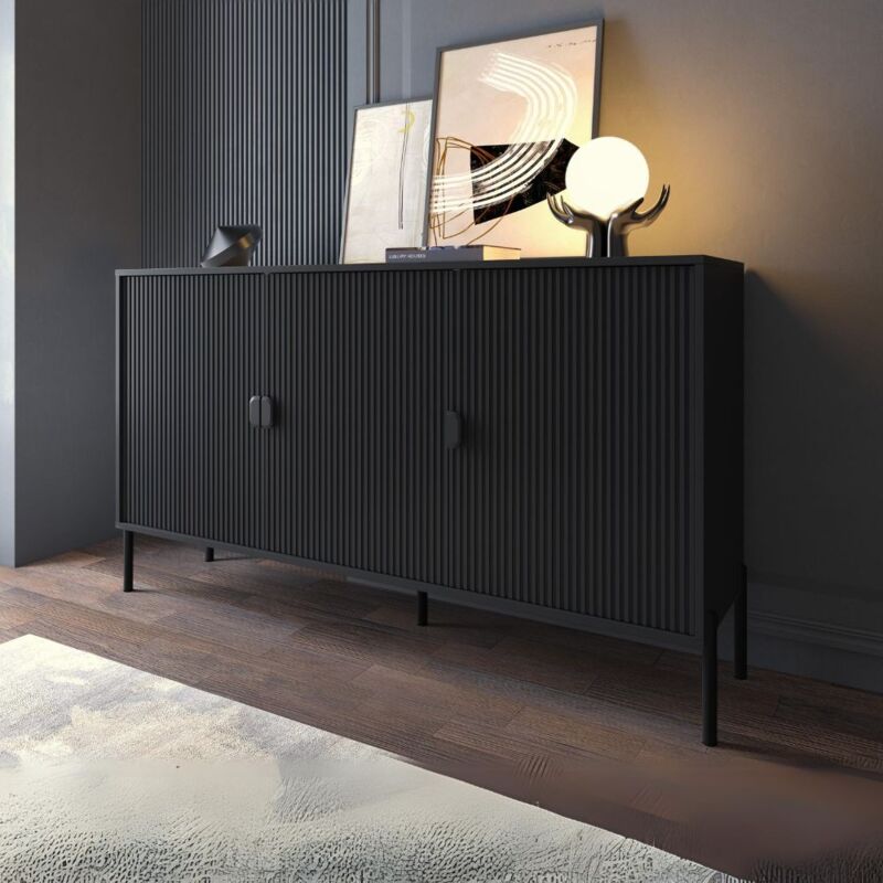 foto del prodotto madia con 3 ante e frontali cannettati colore nero opaco 153.5x49x87.4h cm blast