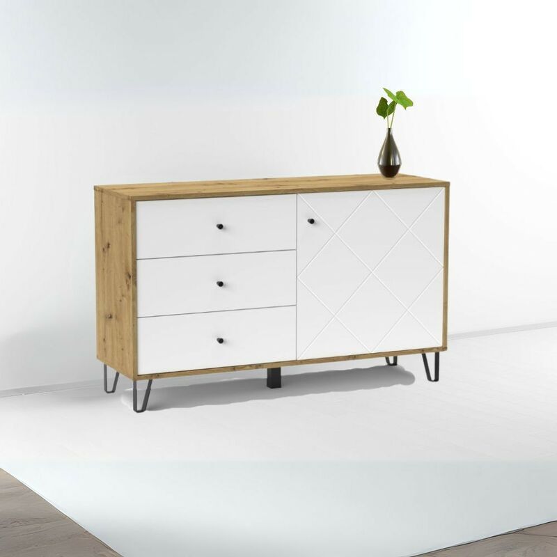 foto del prodotto madia con 3 cassetti e anta 123 cm colore rovere e bianco bollo