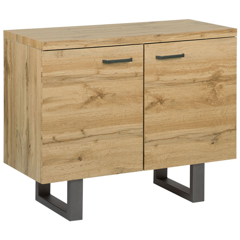 foto del prodotto madia credenza a 2 ante in legno chiaro base in metallo a slitta grigia in alluminio con ripiani mobile contenitore per la casa industriale