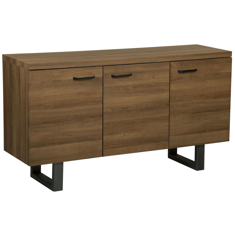 foto del prodotto madia credenza a 3 ante in legno scuro con base in metallo a slitta grigia in alluminio con ripiani mobile contenitore per la casa industriale