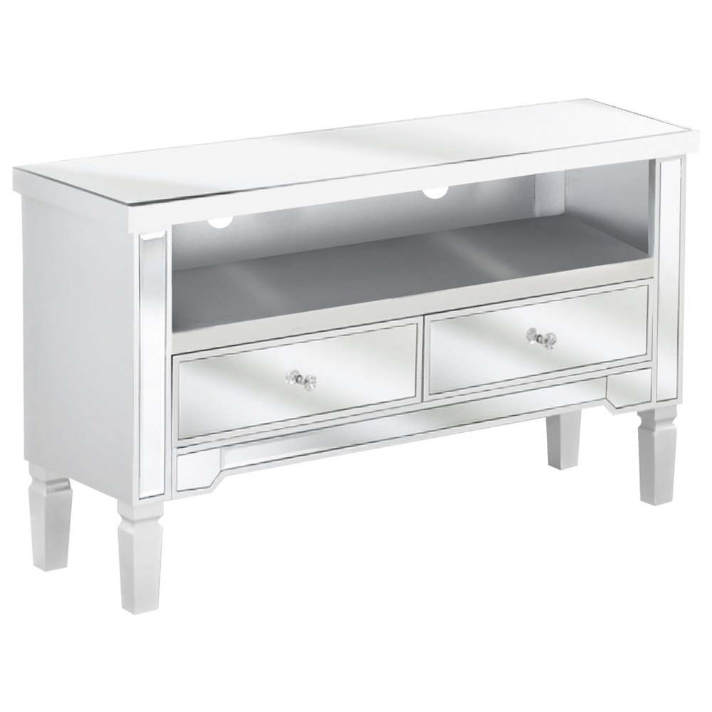 foto del prodotto madia credenza a specchio argento con cassettiera a 2 cassetti con pomelli in cristallo