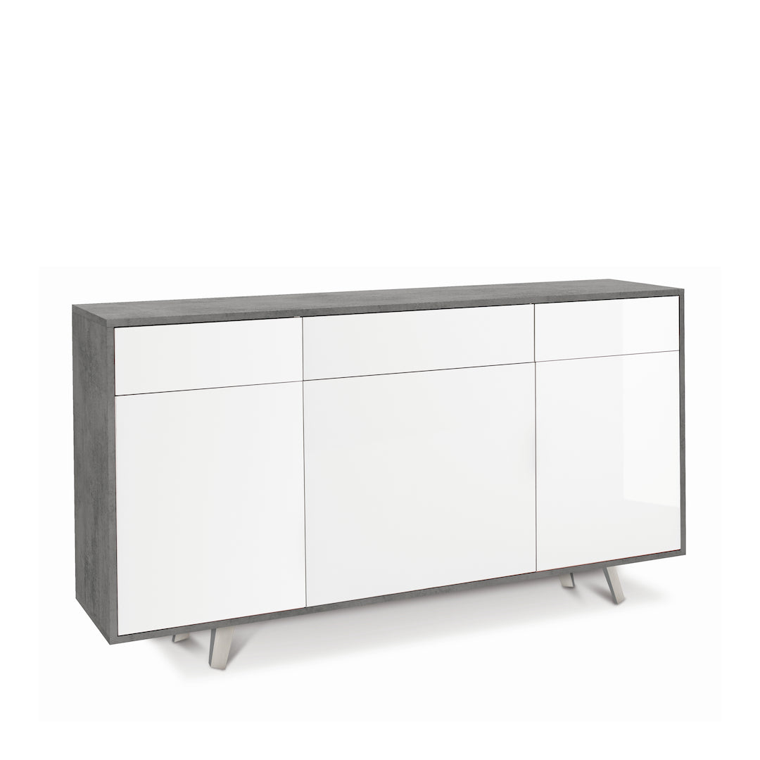 foto del prodotto madia credenza mobile 3 ante e 3 cassetti con apertura push pull 160x41x76h cm in kit colore cemento e bianco lucido