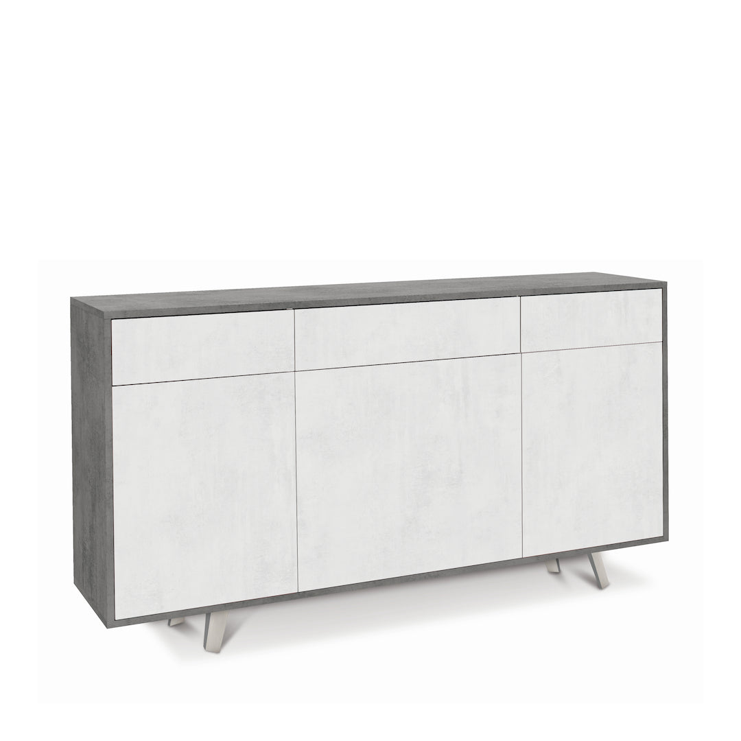 foto del prodotto madia credenza mobile 3 ante e 3 cassetti con apertura push pull 160x41x76h cm in kit colore cemento e ossido bianco