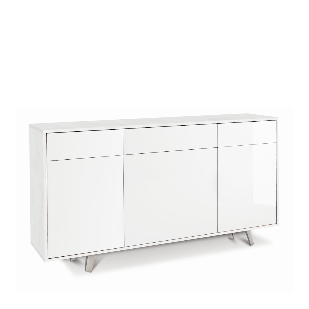 foto del prodotto madia credenza mobile 3 ante e 3 cassetti con apertura push pull 160x41x76h cm in kit colore ossido bianco e bianco lucido