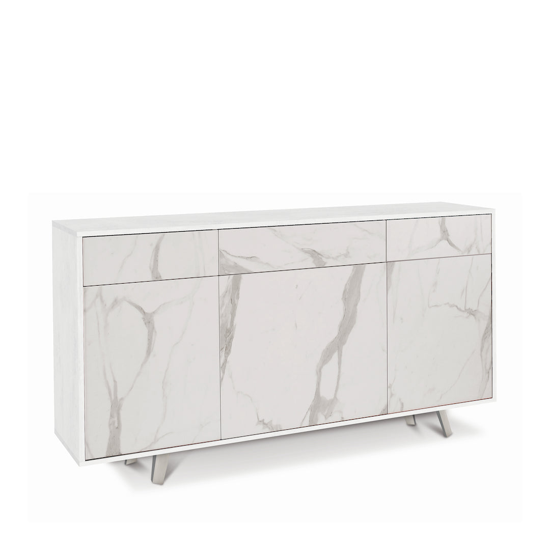 foto del prodotto madia credenza mobile 3 ante e 3 cassetti con apertura push pull 160x41x76h cm in kit colore ossido bianco e marmo calacatta