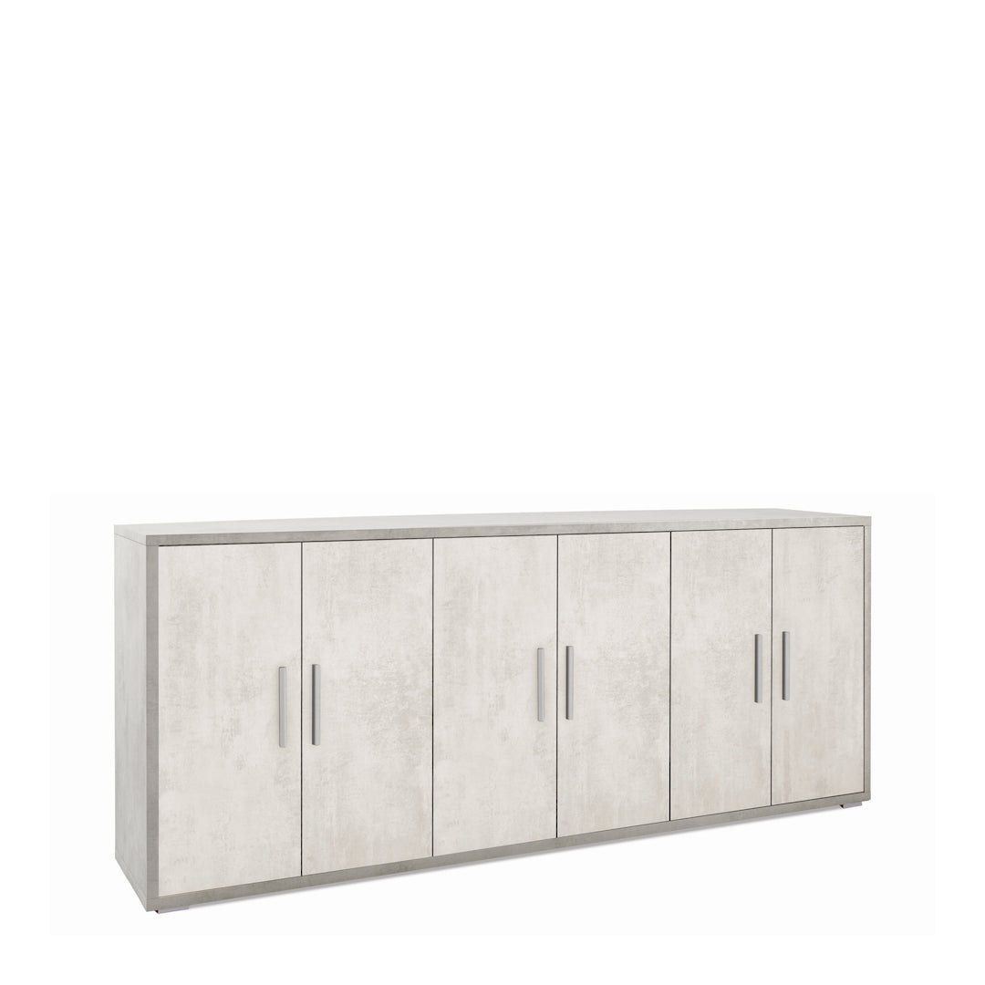 foto del prodotto madia credenza mobile 6 ante 203x41x84hcm in kit di montaggio colore cemento e ossido bianco