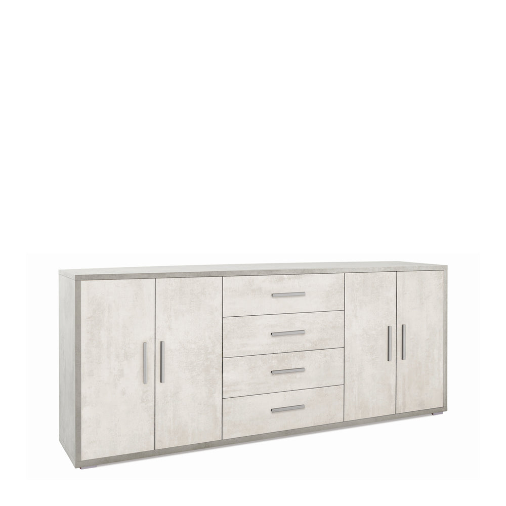 foto del prodotto madia credenza mobile con 4 ante e 4 cassetti 203x41x84h cm in kit di montaggio colore cemento e ossido bianco