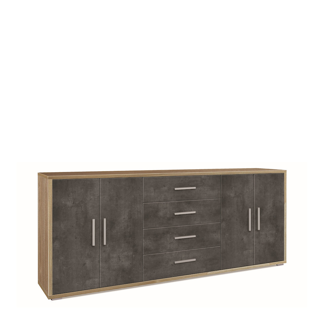 foto del prodotto madia credenza mobile con 4 ante e 4 cassetti 203x41x84h cm in kit di montaggio colore noce stelvio e ossido nero