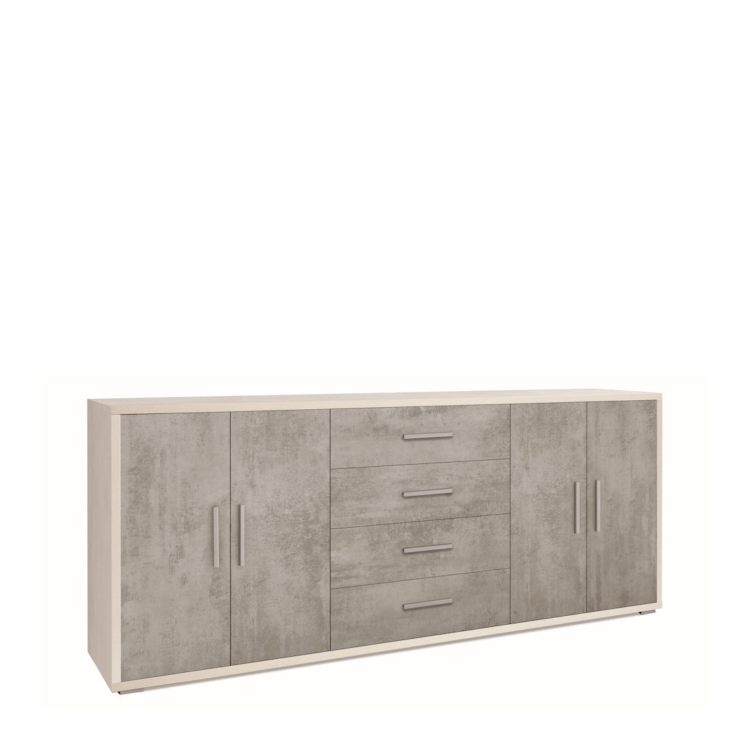 foto del prodotto madia credenza mobile con 4 ante e 4 cassetti 203x41x84h cm in kit di montaggio colore ossido bianco e cemento