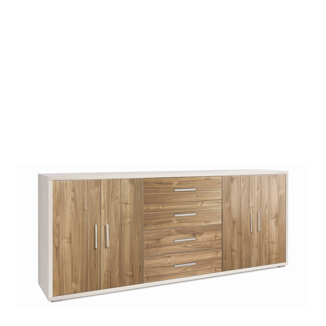 foto del prodotto madia credenza mobile con 4 ante e 4 cassetti 203x41x84h cm in kit di montaggio colore ossido bianco e noce stelvio