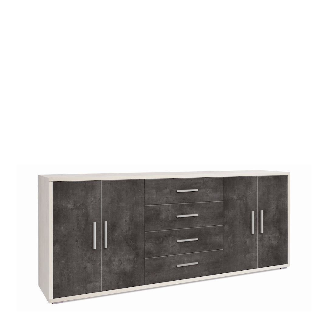 foto del prodotto madia credenza mobile con 4 ante e 4 cassetti 203x41x84h cm in kit di montaggio colore ossido bianco e ossido nero