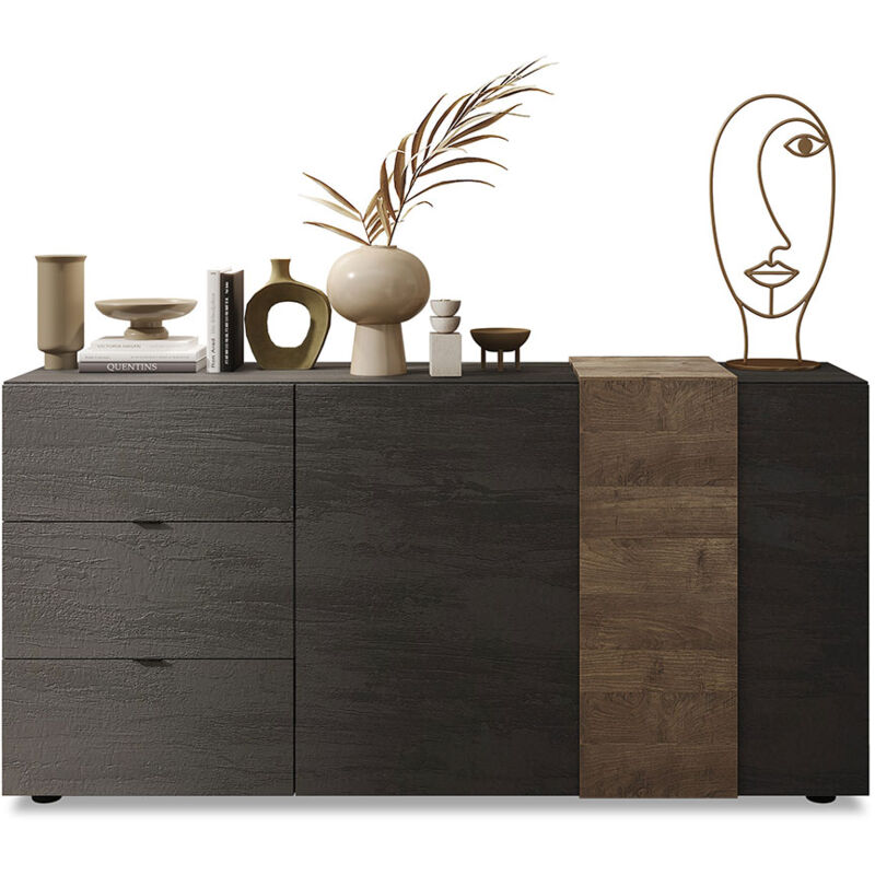 foto del prodotto madia design moderno 2 ante 3 cassetti venus 181x44x84 cm titanio e noce mercure