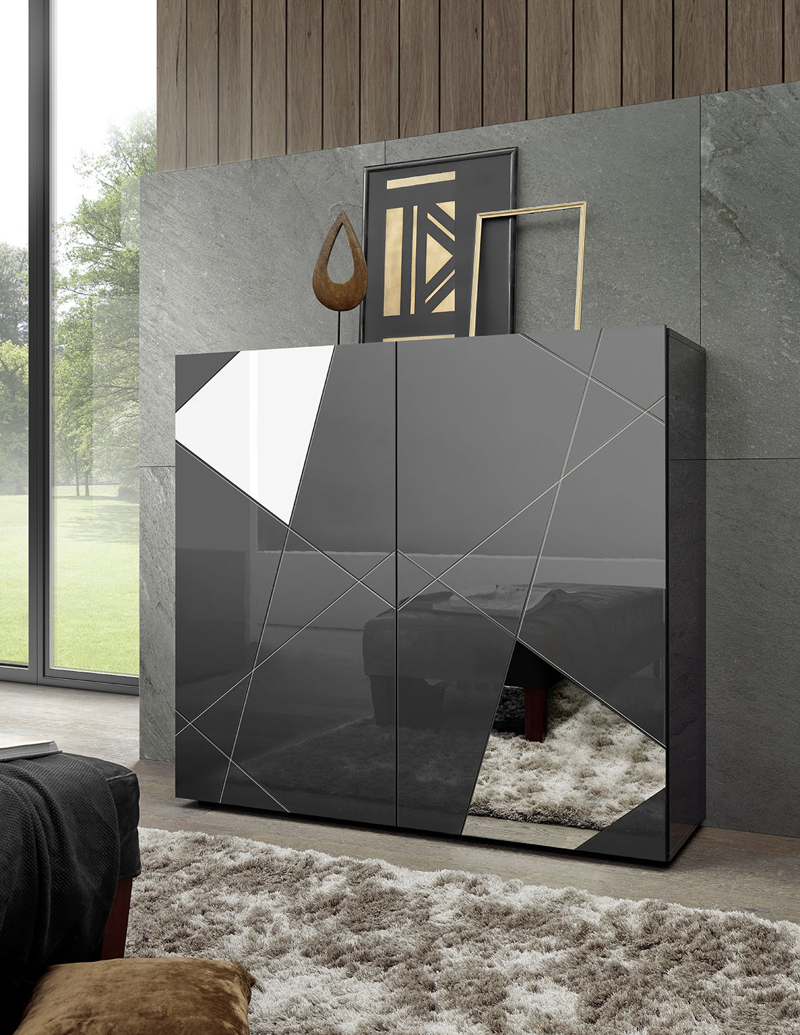 foto del prodotto madia design moderno 2 ante con serigrafie e specchi vittoria 121x42x111 cm grigio laccato lucido