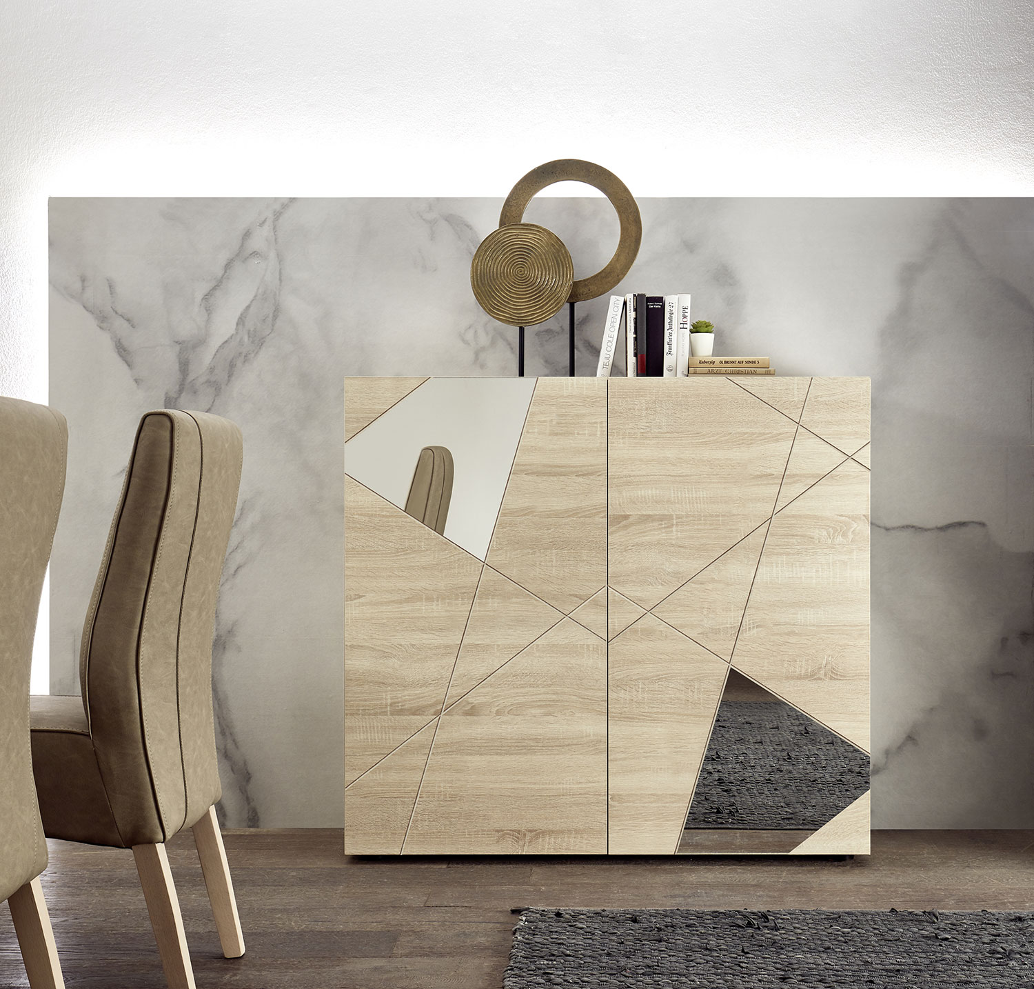foto del prodotto madia design moderno 2 ante con serigrafie e specchi vittoria 121x42x111 cm rovere samoa