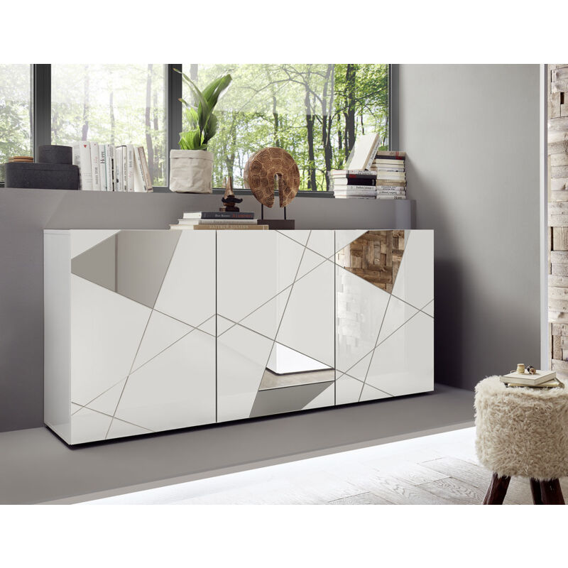 foto del prodotto madia design moderno 3 ante con serigrafie e specchi vittoria 181x42x84 cm bianco lucido