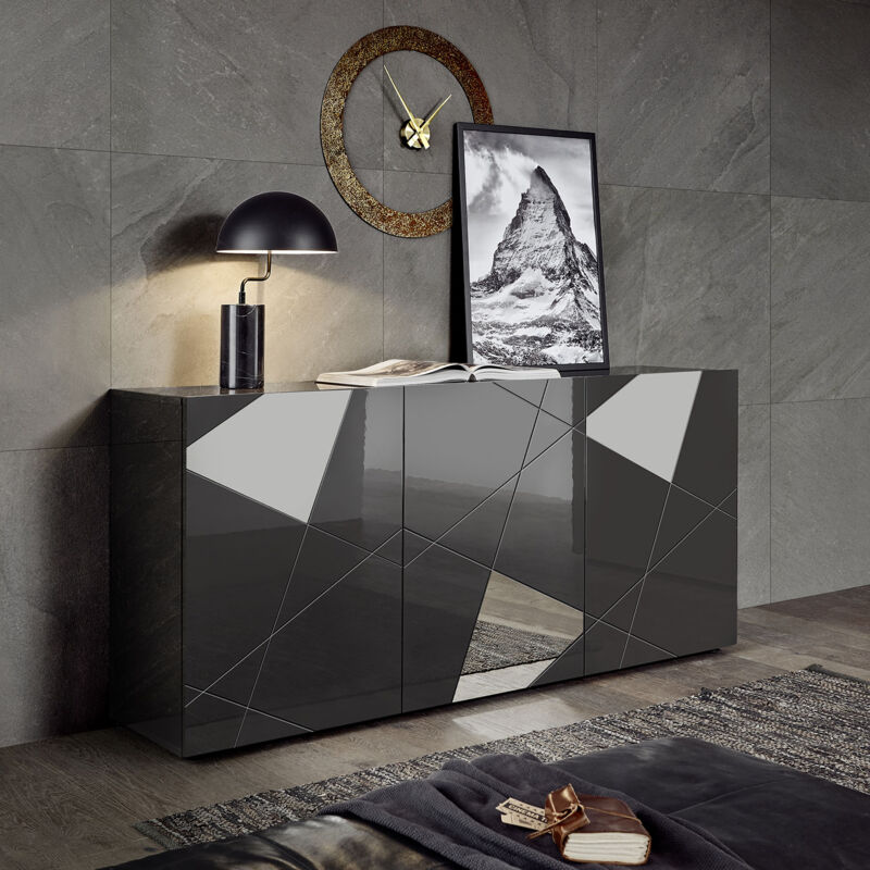 foto del prodotto madia design moderno 3 ante con serigrafie e specchi vittoria 181x42x84 cm grigio laccato lucido