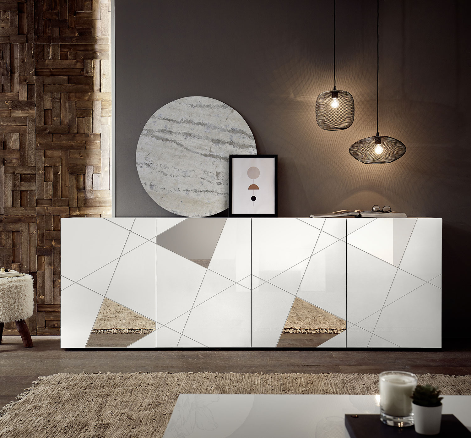 foto del prodotto madia design moderno 4 ante con serigrafie e specchi vittoria 241x42x84 cm bianco lucido