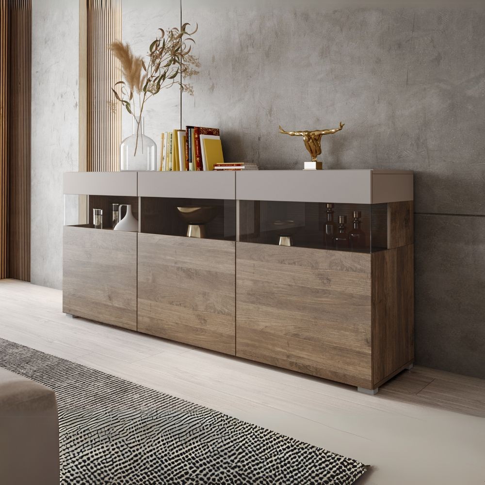 foto del prodotto madia itaca 3 ante in noce eastwood e cashmere con dettagli in vetro 180x41.2x80h ordine ed eleganza