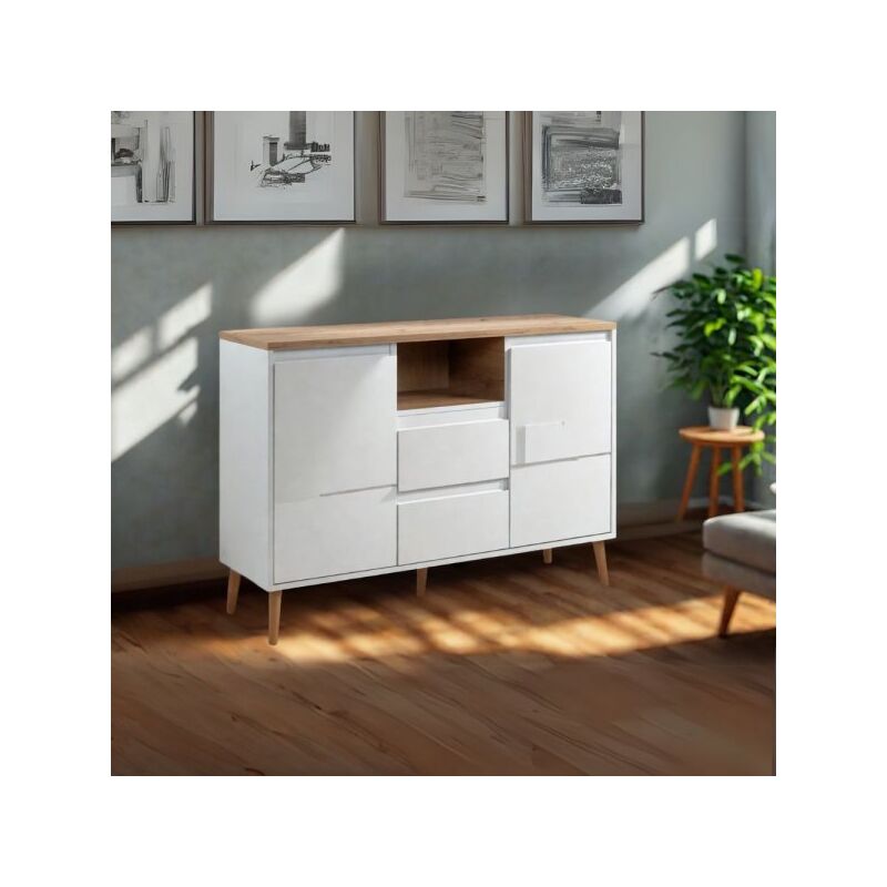 foto del prodotto madia linz01b 2 ante 2 cassetti con piano e gambe rovere e struttura colore bianco