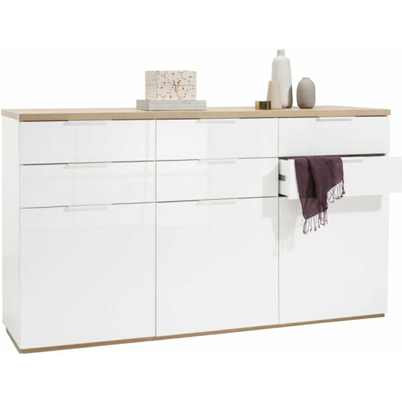 foto del prodotto madia multiuso mundi 3 ante e 6 cassetti bianco laccato arredamento moderno h 102 cm rovere