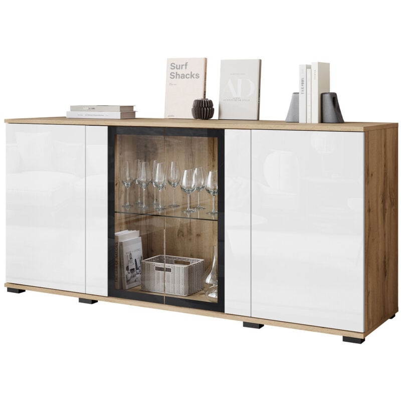 foto del prodotto madia torcame 102, quercia di wotan bianco lucido, 70x150cm, il numero di porte 040cm, vetro temperato, truciolare laminato, led con
