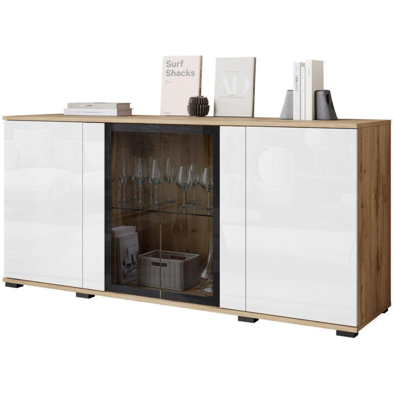 foto del prodotto madia torcame 102, quercia di wotan bianco lucido, 70x150cm, il numero di porte 040cm, vetro temperato, truciolare laminato, led senza