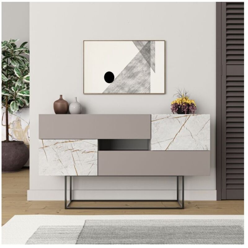 foto del prodotto madia tortora e effetto marmo grigio opaco 2 ante e 2 cassetti eros 145x40x82h