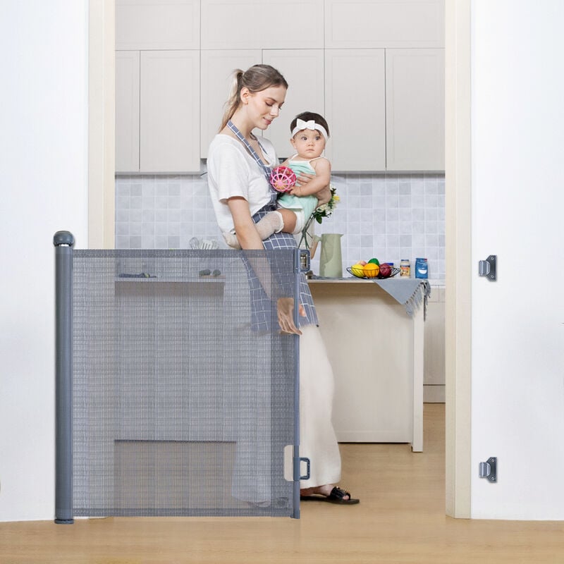 foto del prodotto maerex cancelletto di sicurezza per bambini estensibile cancelletto per scale a chiusura facile h.84 x l.140 cm max. grigio zebraa