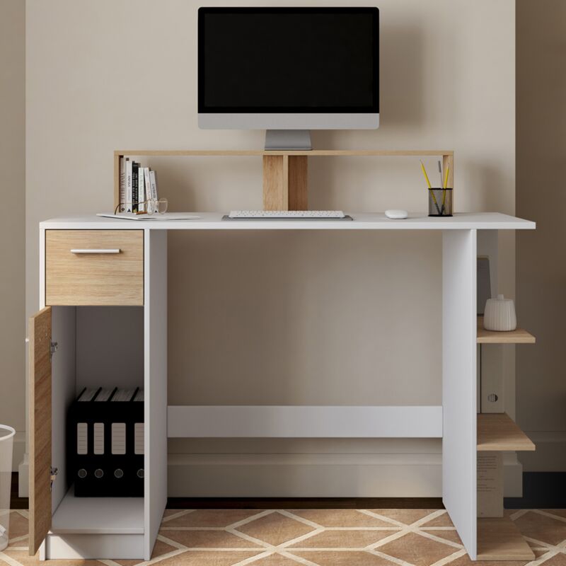 foto del prodotto maggio scrivania per computer in legno e bianco con contenitore