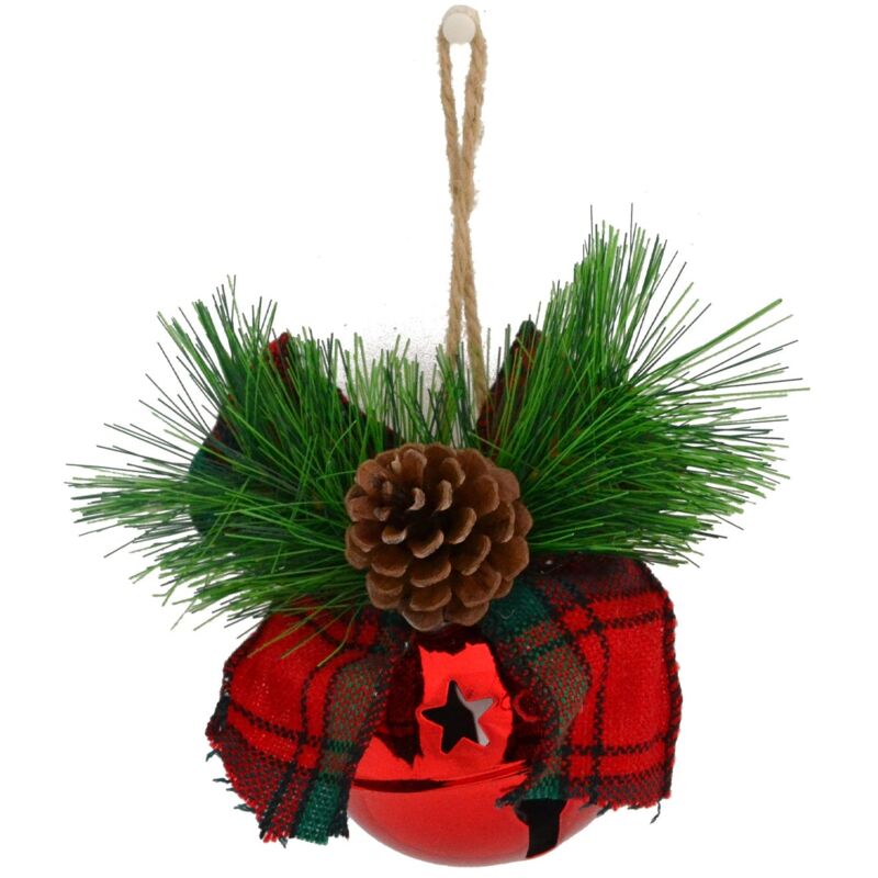 foto del prodotto magiedinatale campanello natalizio in metallo colore rosso con fiocco scozzese decorazione natalizia