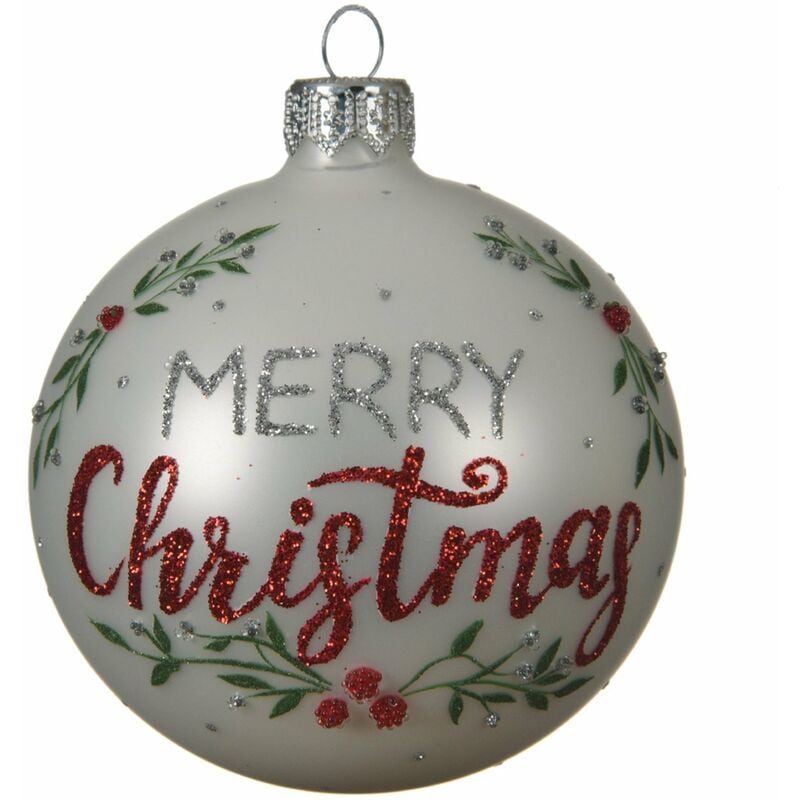 foto del prodotto magiedinatale palline per albero di natale in vetro color bianco con scritta merry christmas da 8 cm, confezione da 6 pezzi