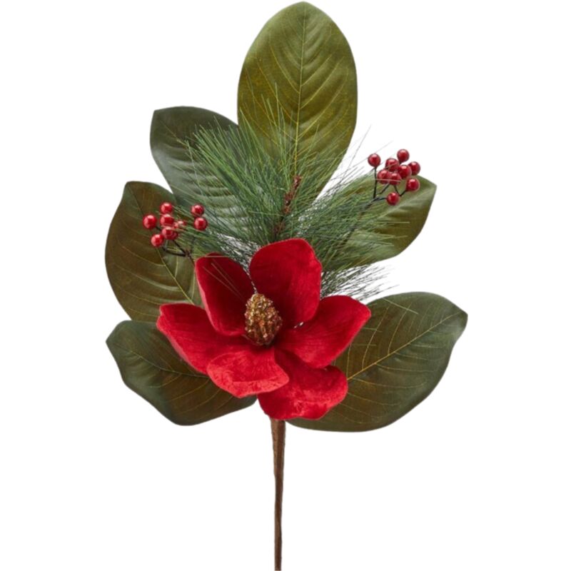 foto del prodotto magiedinatale ramo decorativo artificiale magnolia in velluto con bacche, color rosso, 64 cm