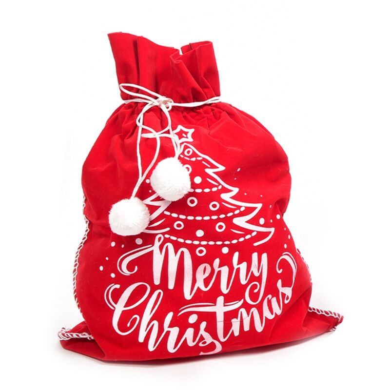 foto del prodotto magiedinatale sacco natalizio in velluto colore rosso e bianco con decorazioni natalizie merry christmas