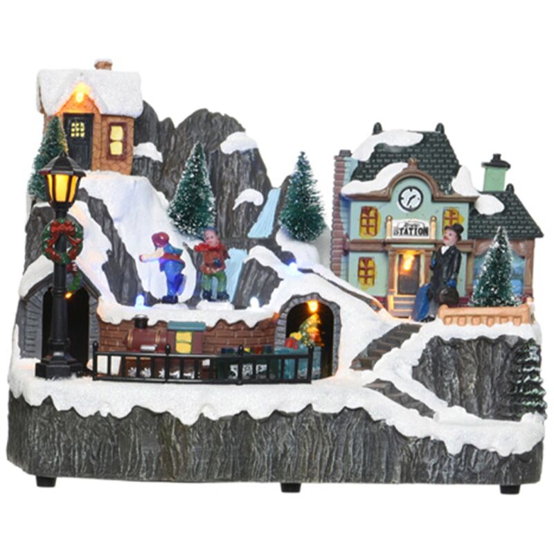 foto del prodotto magiedinatale scena animata a led paesaggio di montagna con stazione, decorazione da 23 cm